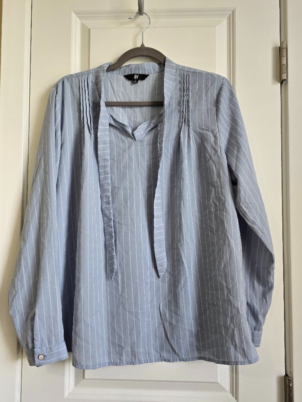 Fig Blue Pinstripe Tie Neck Blouse